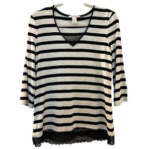 White House Black Market top, black and white stripes, with lace embellishment.